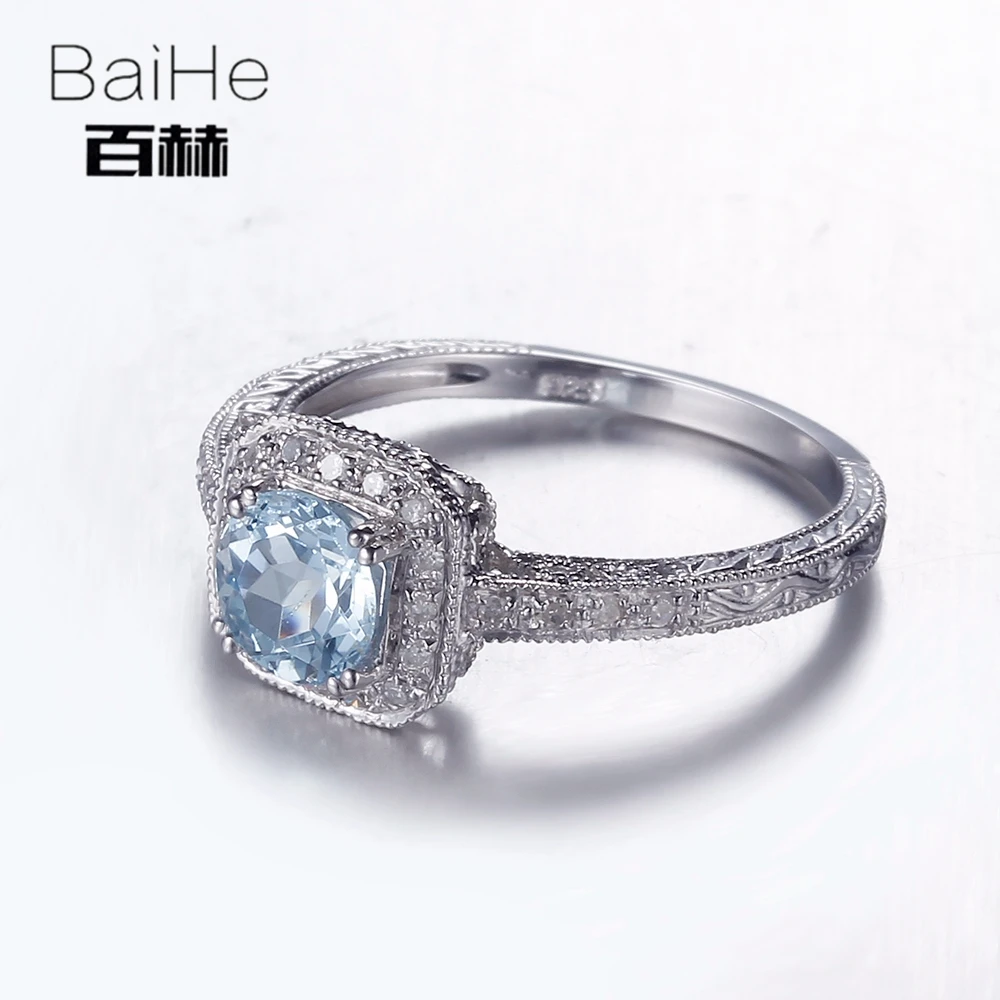 BAIHE Solid 14 K белое золото(AU585) 0.84CT Сертифицированный безупречный круглый подлинный синий топаз свадебные женские модные ювелирные изделия из драгоценных камней кольцо