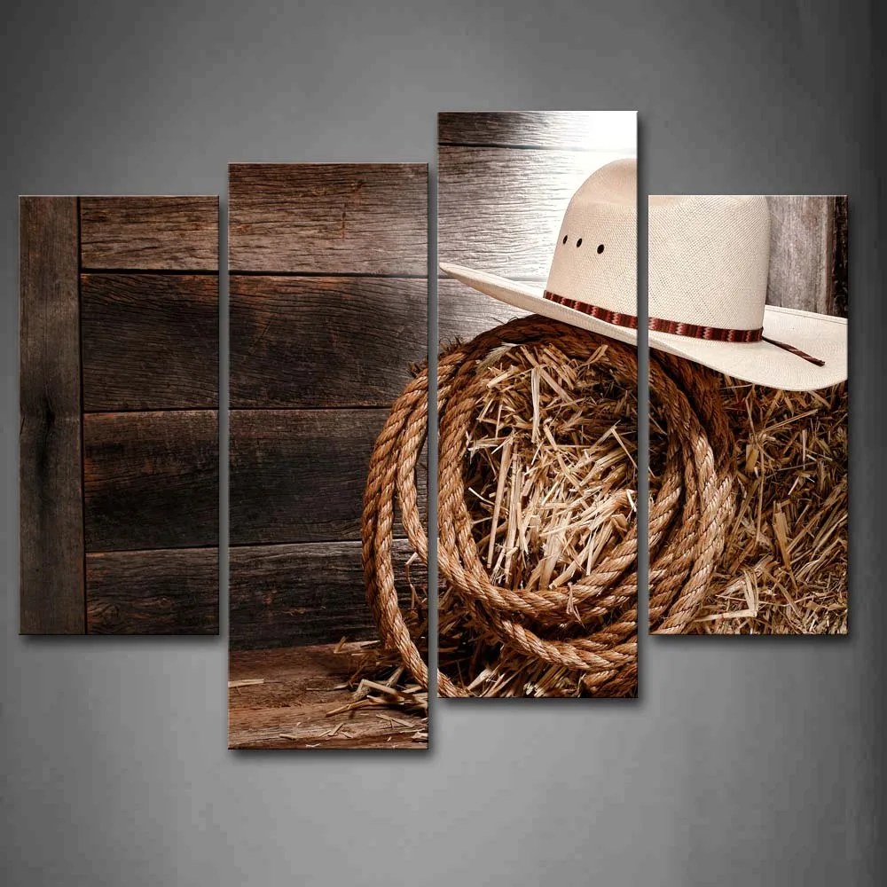 

Framed Wall Art Pictures Cowboy Cap Rope Wooden Canvas Print Art Posters With Wooden Frames For Home Living Room Decor