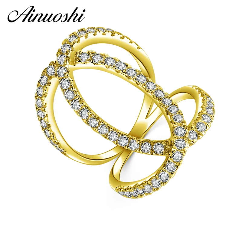 

AINUOSHI 10K Solid Yellow Gold Line-Twisted Band Shinning Drills C-Crossing Hollow Ring Wedding Engagement Jewelry for Women Men