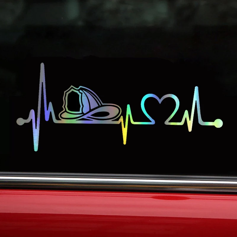 

Car Sticker 20.3cm*8.9cm Firefighter Fireman Helmet Heartbeat Lifeline Decoration Car Decal Reflective Laser Vinyl Car Styling