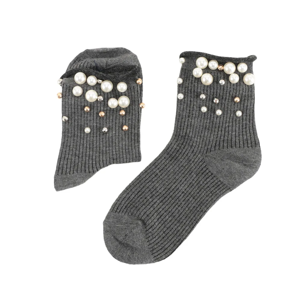 Женские однотонные хлопковые гофрированные носки в полоску с бусинами и жемчугом, высокие носки до щиколотки, сезон осень-зима - Цвет: Темно-серый