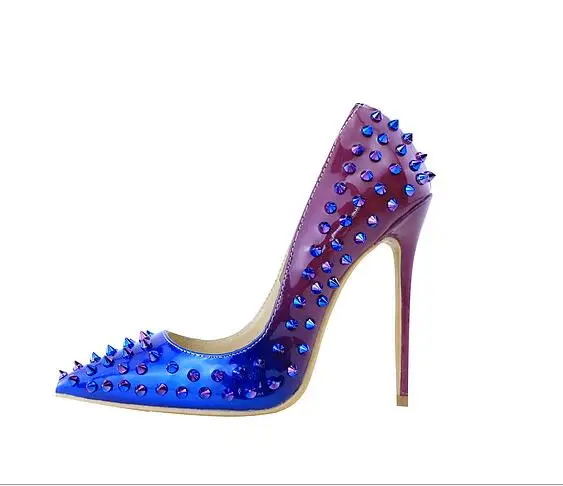 

Top Quality LTTL Women Mixed Color Spike Pump Genuine leather Gradient Rivets High Heels Sexy Pointed Toe Women Wedding Shoes