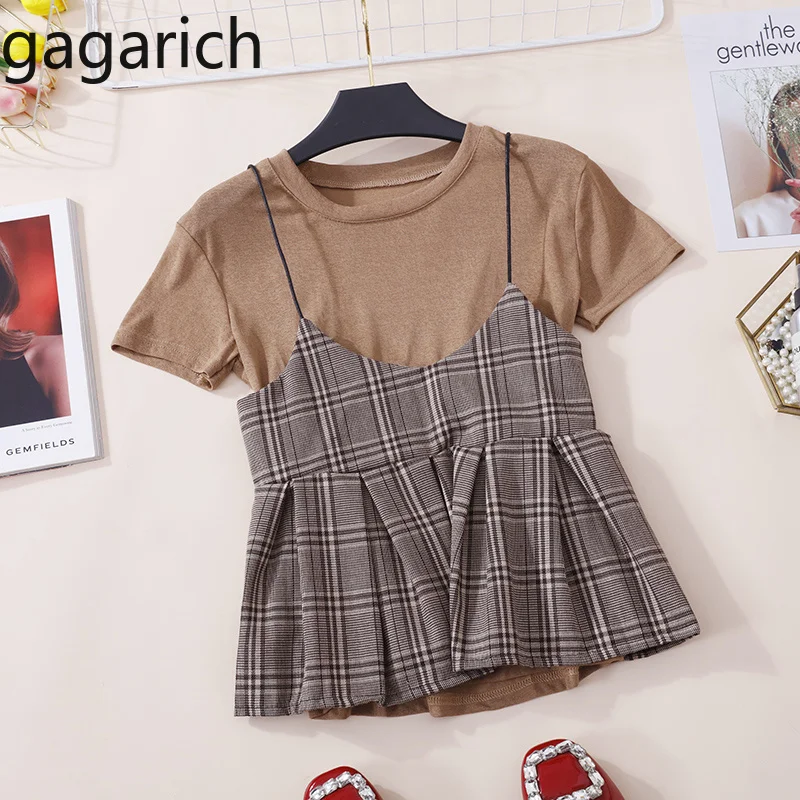 

Gagarich Spring Summer 2019 New Korean Version Fashion Short Sleeve T-shirt + Plaid Pleated Short Style Sling Two Sets of Women