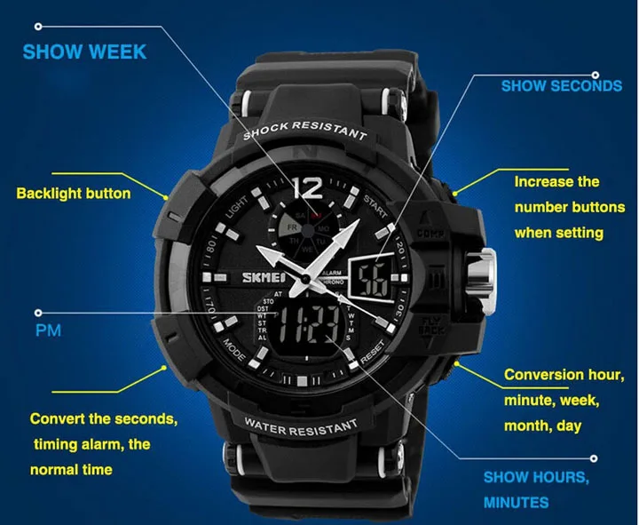 Купить Часы Мужские Спортивные Водонепроницаемые Противоударные