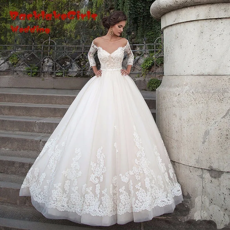

Saudi Arabia Wedding Dresses A Line Lace Applique With Sleeves Champagne Wedding Dress 2018 Vestido De Noiva Plus Size Manga