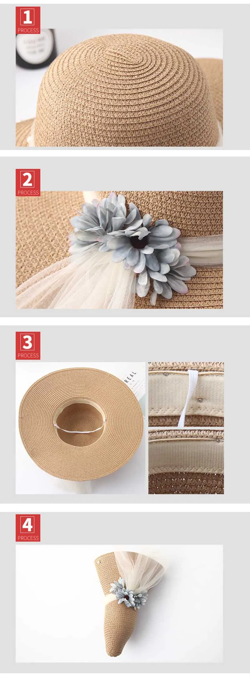 Women Flower Foldable Straw Hat Fashion Pearl Mesh Cap Summer Ladies Wide Wave Brim Beach Hats Handmade Sun Caps CP0221 (1)