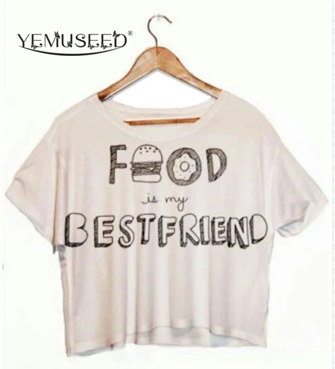 

YEMUSEED Food Is My Best Friend Print Crop Top European Style Women Tops Punk Tanks Short-sleeved Shirt F993
