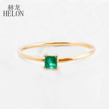 

HELON Emerald Ring Solid 14k Yellow Gold 0.2ct Natural Emerald simple design Engagement ring Women gemstones Ring Fine Jewely