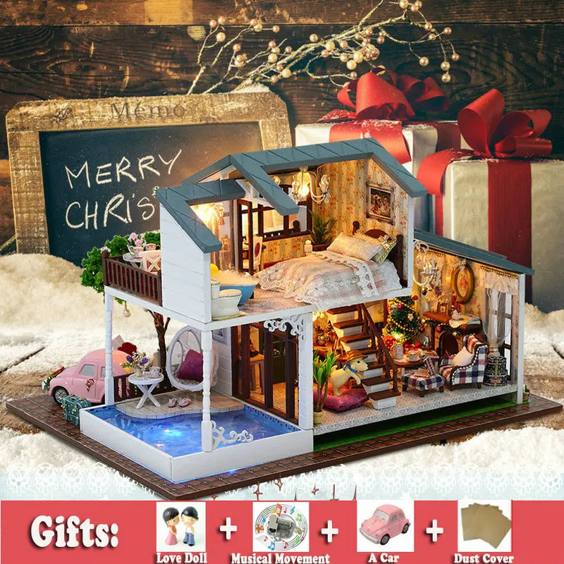 

Large Doll House Christmas House with Music Dust Cover DIY Miniature Wooden DollHouse Model Building Kits Toy Girl Toys Gift