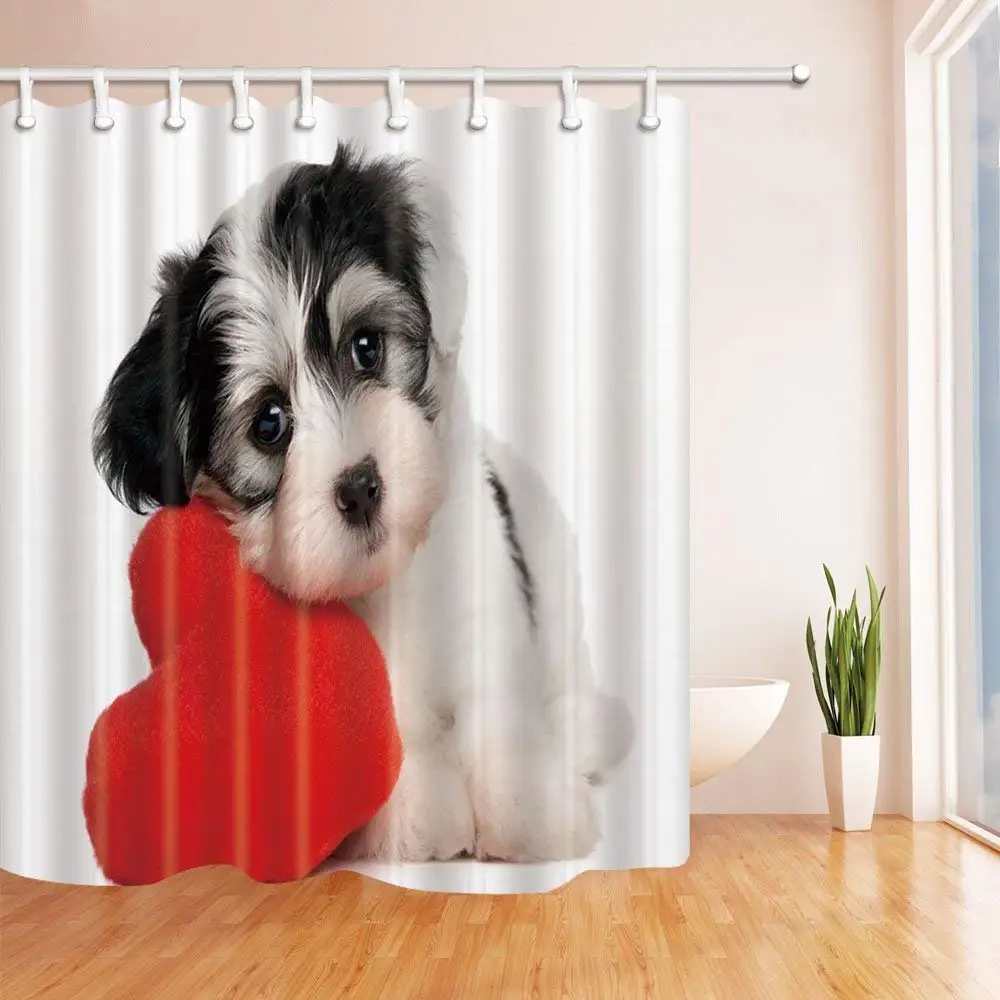 Animals Decor Dog with Heart Shaped Bolster Shower Curtains Polyester