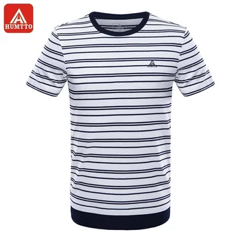 

HUMTTO Men's Outdoor Cotton T-Shirt Round Neck Black White Striped Short Sleeve Summer Sweat Absorption Skin-friendly Shirt