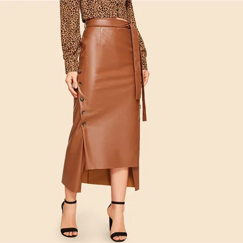 SHEIN Двубортная Асимметричная PU Юбка В Стиле 60-Х Годов С Поясом Женская Осенняя Коричневая Гламурная Юбка С Пуговицами - Цвет: Brown