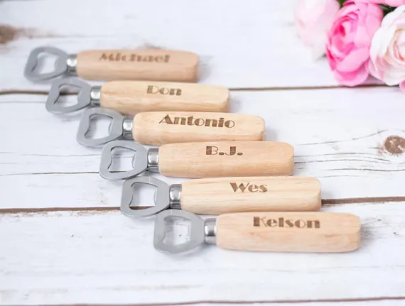 

Personalized Wood Beer Bottle Opener - Engraved and Monogrammed , Nifty Groomsmen Gift