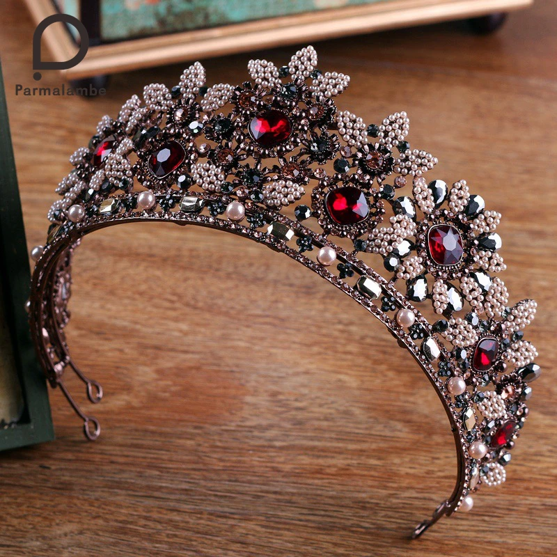 

Parmalambe Baroque Handmade Tiaras Petite Pearls Clusters Lush With Red Crystal Crown Wedding Hair Accessories tiara de noiva