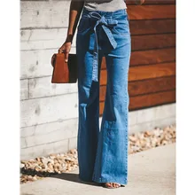 Blue Tie Waist Flare Jeans Women Slim Denim Trousers Vintage Clothes 2021 spring High Waist Pants Belted Stretchy Wide Leg Jeans