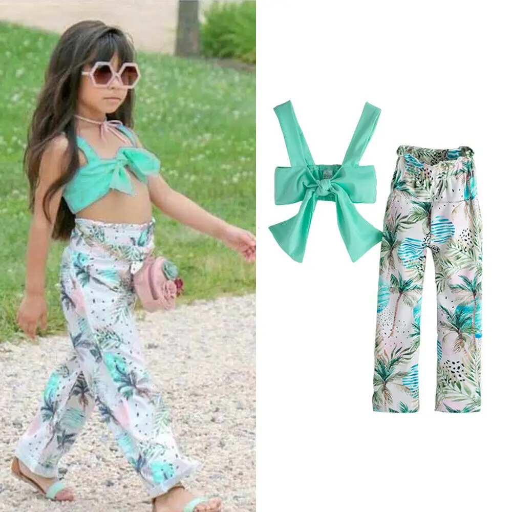 Pudcoco 2019 Brand Cute Fashion Kids Baby Girl Summer Bow-knot Crop Off Shoulder Outfits Tube Top+Floral Pants 2PCS Clothes Set | Детская