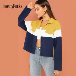 SweatyRocks Colorblock необработанный край на пуговицах куртка уличная Женская одежда из хлопка 2019 Новинка весны для женщин повседневные пальт