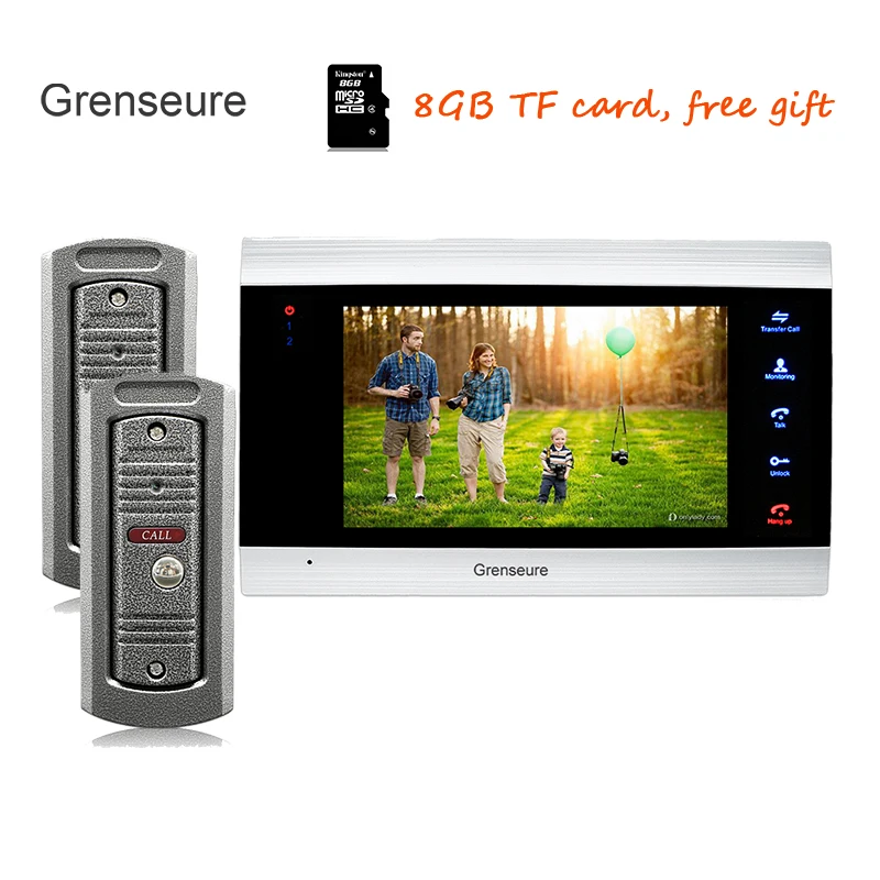 

Free Shipping 720P AHD HD 7" Color Screen Video Intercom Door Phone Unlock Recording System + 2 Metal Outdoor Doorbell Cameras
