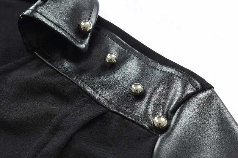 Мужские необычные дизайнерские кожаные Лоскутные хип-хоп Длинные футболки черного цвета с коротким рукавом мужские футболки для ночного клуба панк сценическая футболка