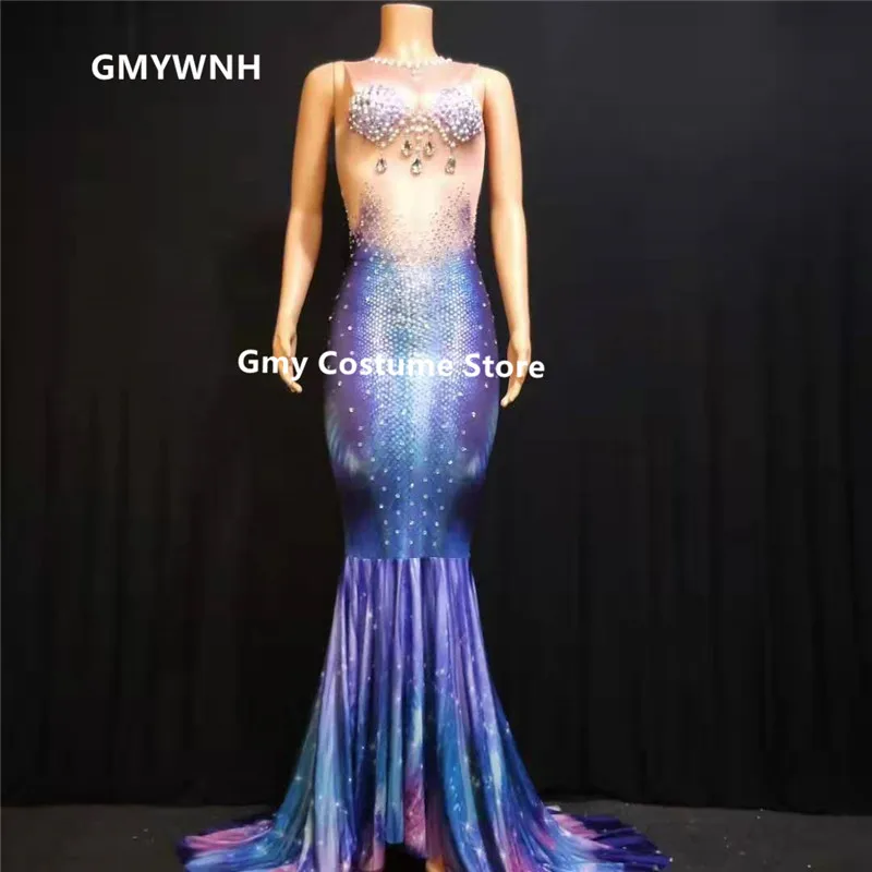 

D80 Crystals female long dress Rhinestone Mermaid long skirt party show wears dance costumes singer clothe bar bodysuit disco ds