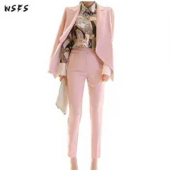 

2 Pieces Set Autumn Business Floral Print Shirt Formal Womens Bandage Pink Suit Jacket Elegant Long Pants Work Office Lady Suits