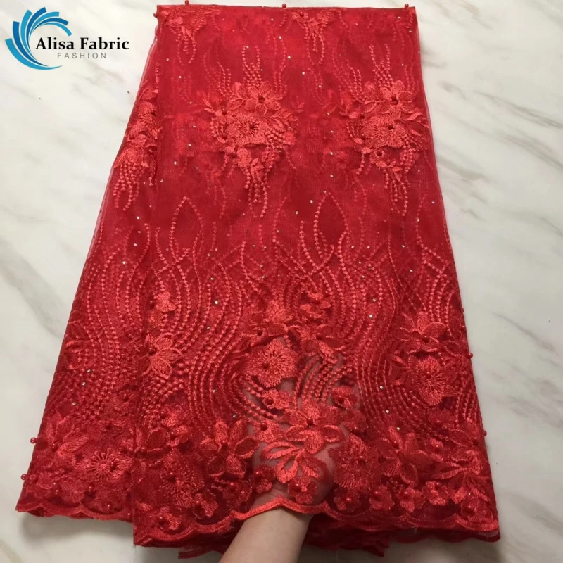 

Red color French mesh lace fabric African net lace high quality Embroidery With Stones and Beads for Formal dress 5 yards/pcs