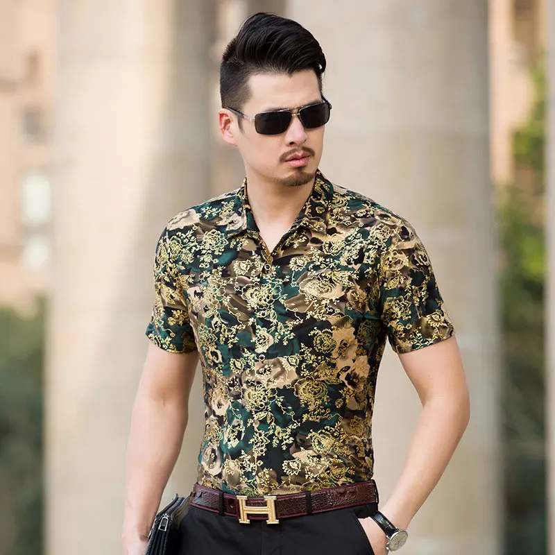 Модная мужская рубашка с цветочным принтом золотого и бронзового цветов,, роскошная брендовая шелковая мужская рубашка, приталенная Мужская рубашка с коротким рукавом, мужские рубашки - Цвет: green