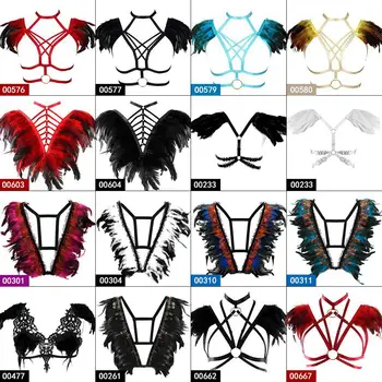 

Strappy Women Soft Feathers Epaulettes Shawl Body Harness Bra Cage Plus Size Harajuku Punk Elastic Belt Festival Rave Art