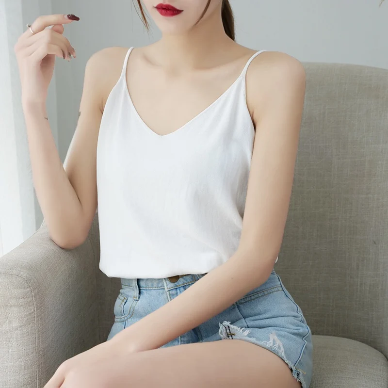 

Summer Loosel Sleeveless Shirt Solid Color One Size Casual Tunic Tops Sweet Basic Chiffon V-Neck Camisole