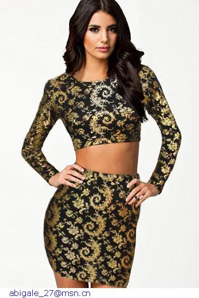 2014 Novelty Bandage Print Winter Dress Women Sexy Splendid Gold Clothing Set ( Short top+Mini Skirt ) Blouse | Женская одежда
