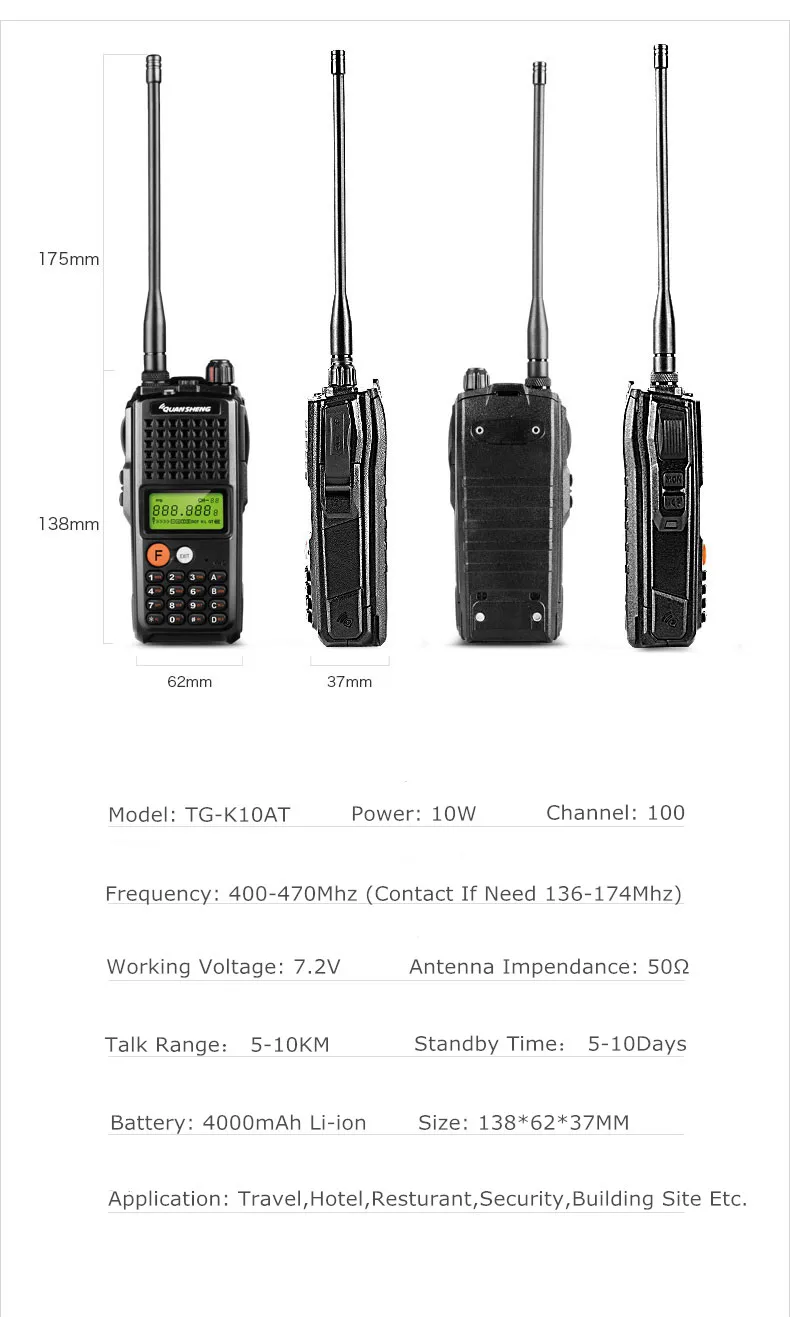 10 Вт QuanSheng TG-K10AT рация 10 км TG K10AT UHF400-470MHz опционально VHF 136-174 МГц двухстороннее радио 10 км 4000 мАч батарея Ham