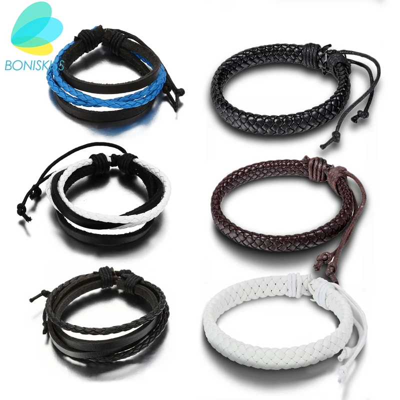 

Hot Handcraft Leather Wrap Bracelets Knitted Cowhide With Rope Bangles Fashion Men Jewelry multilayer bracelet Size Adjustable