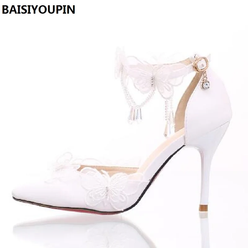

2017 White Lace Butterfly Crystal Pendant with Ultra Fine Pointed High-heeled Shoes The Bride Wedding Shoes Wristband Women Pump