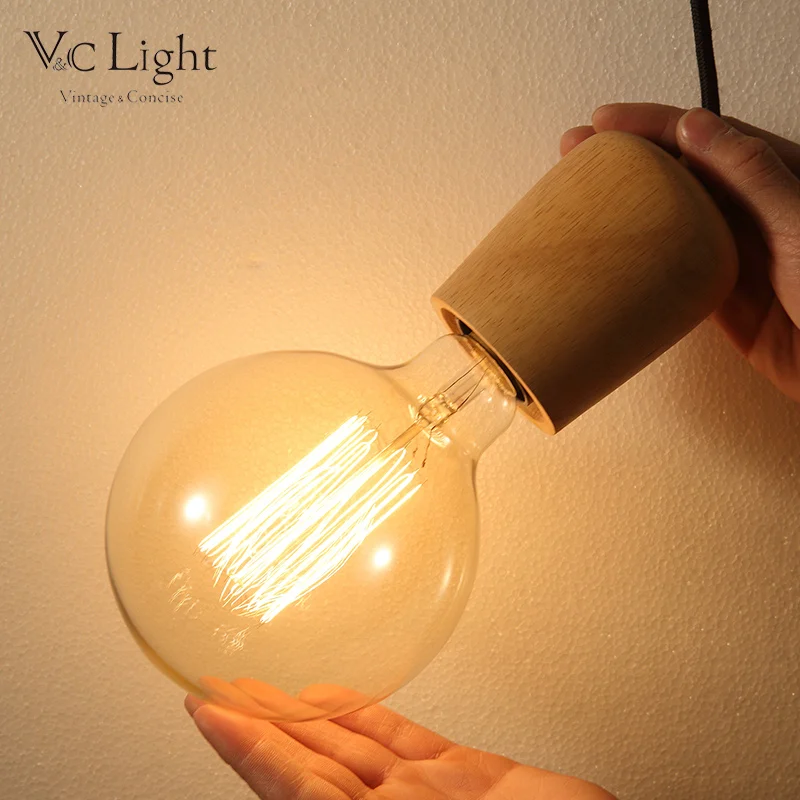 

V&C Mini Pendant Lights Artistic Off-white Oak Wood Lamp for Kitchen Bedroom Living Room Edison E27 Bulb Suspension Luminaria