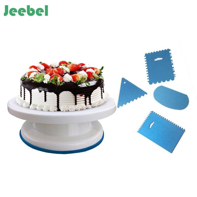 Goedkoop Jeebel 27.5 cm Cake Roterende Tafel met Cr egrave;me Mes Turntable Decorating Ronde Stand Plastic Rotary Platform Bakvormen 5 stks set