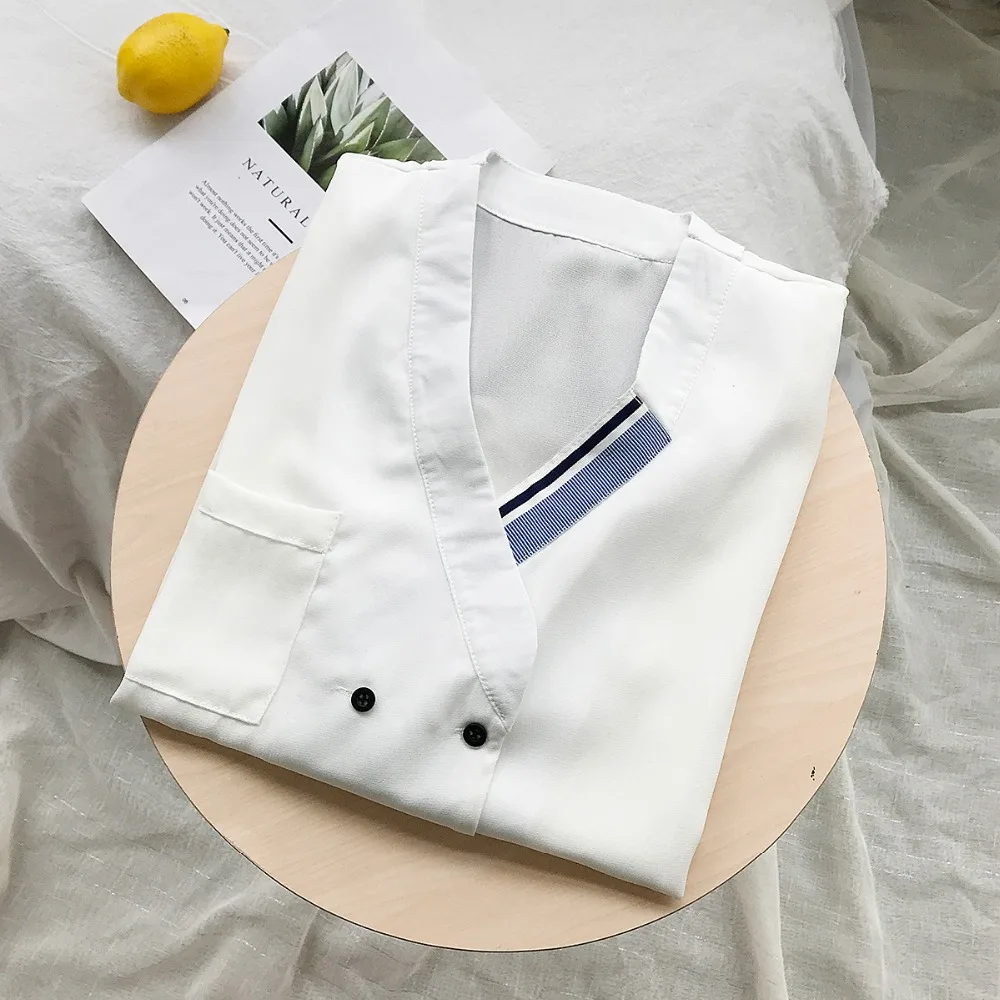 

2019 NEW Patchwork Shirt Office Lady Wear Button Up Long Sleeve V-Neck Pockets Blouse Feminina HOT Sale T8D514M