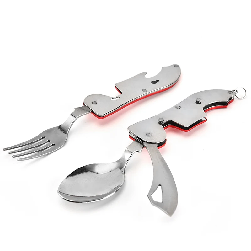 Mejor venta Multi-función de Camping al aire libre Picnic vajilla cuchillería de acero inoxidable 4 en 1 cuchara plegable cuchillo de tenedor y abrebotellas