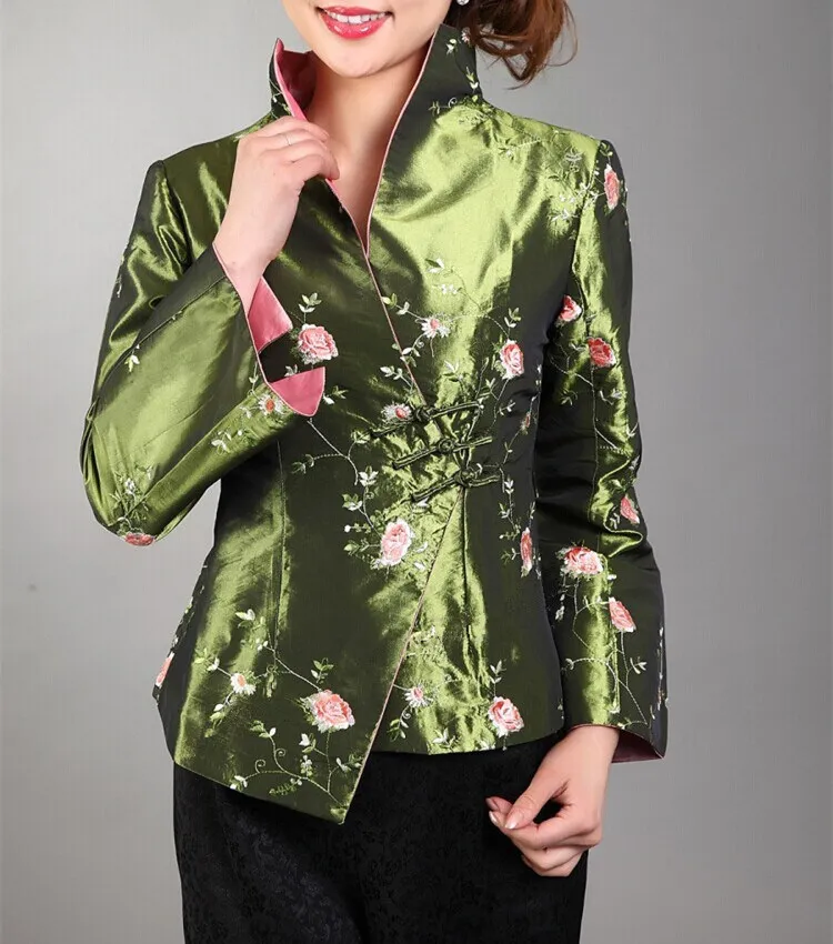 Verde Tradizionale stile Cinese delle Donne Raso di Seta Ricamo Cappotto Mujere Chaqueta Fiori Taglia Sml XL XXL XXXL Mny05-A