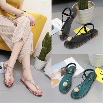 

2019 Summer New Fashion Leisure Flat Sandals Clip Toe Solid Color Comfort Sandals Beads Female Shoes