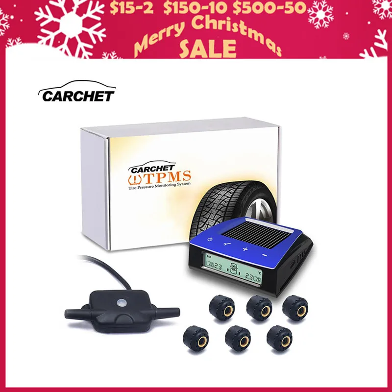 

CARCHET Wireless RV Trailer Car Solar TPMS Tire Pressure Monitoring System 6 External Sensors LCD Display for Car Auto RV