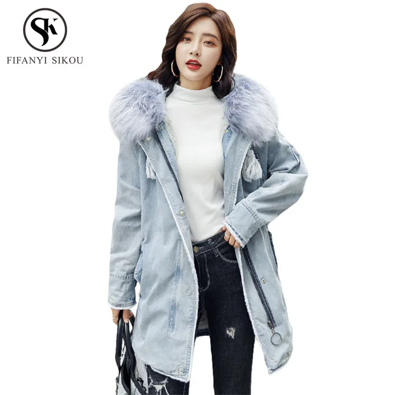 

Faux rabbit fur collar Hooded parka Winter coat women Denim Cotton wadded jacket Woman Lambswool Lining Warm Parkas Long Coats