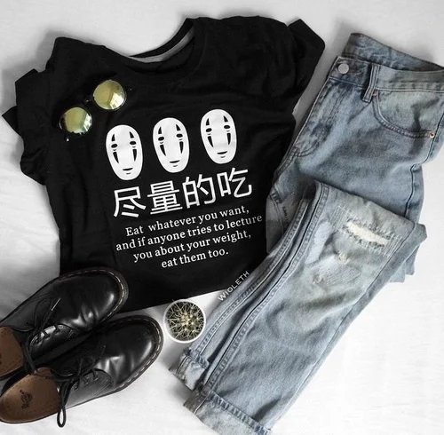 

Cute Tops Japanese Anime Eat Whatever You Want Funny Sayings T-Shirt Cute Women Harajuku Cute Casual Black Tee