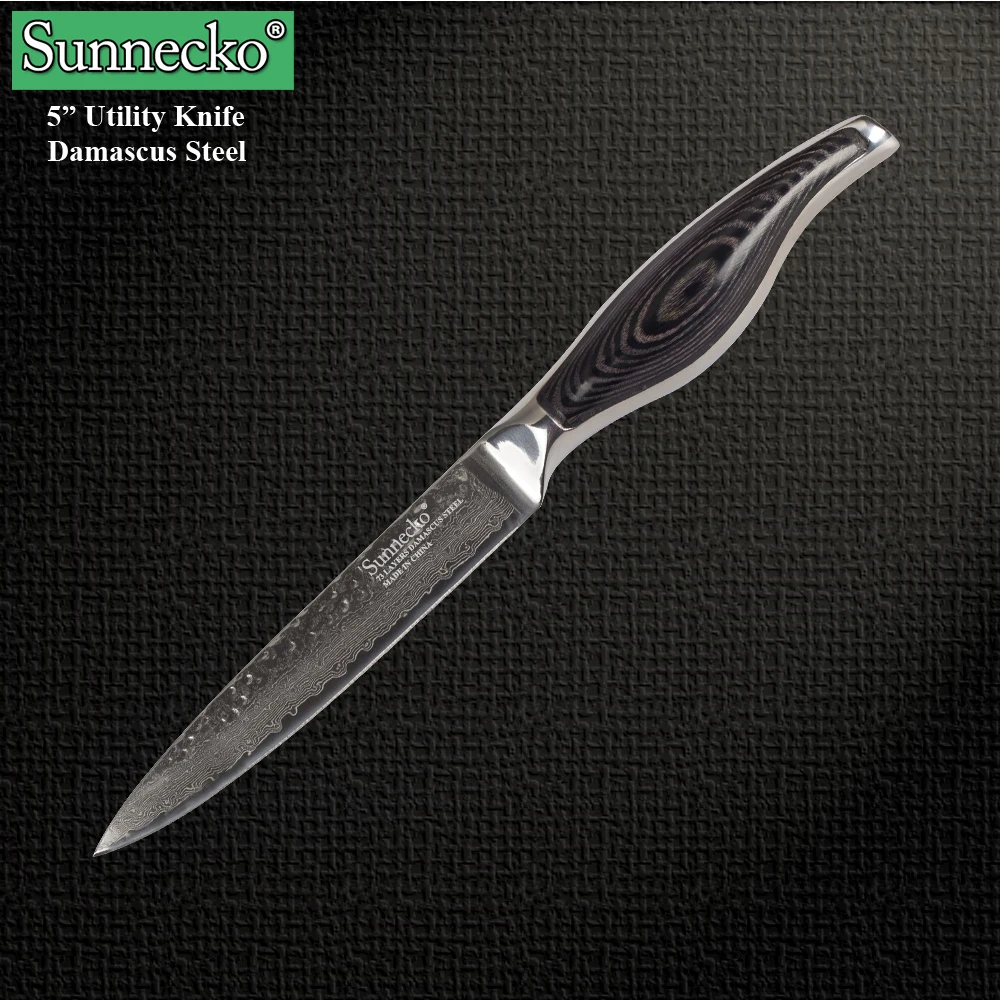 

SUNNECKO 5" inch Utility Knife 73 Layers Damascus Japanese VG10 Steel Sharp Blade kitchen knives Pakka Wood Handle Cooking Tool