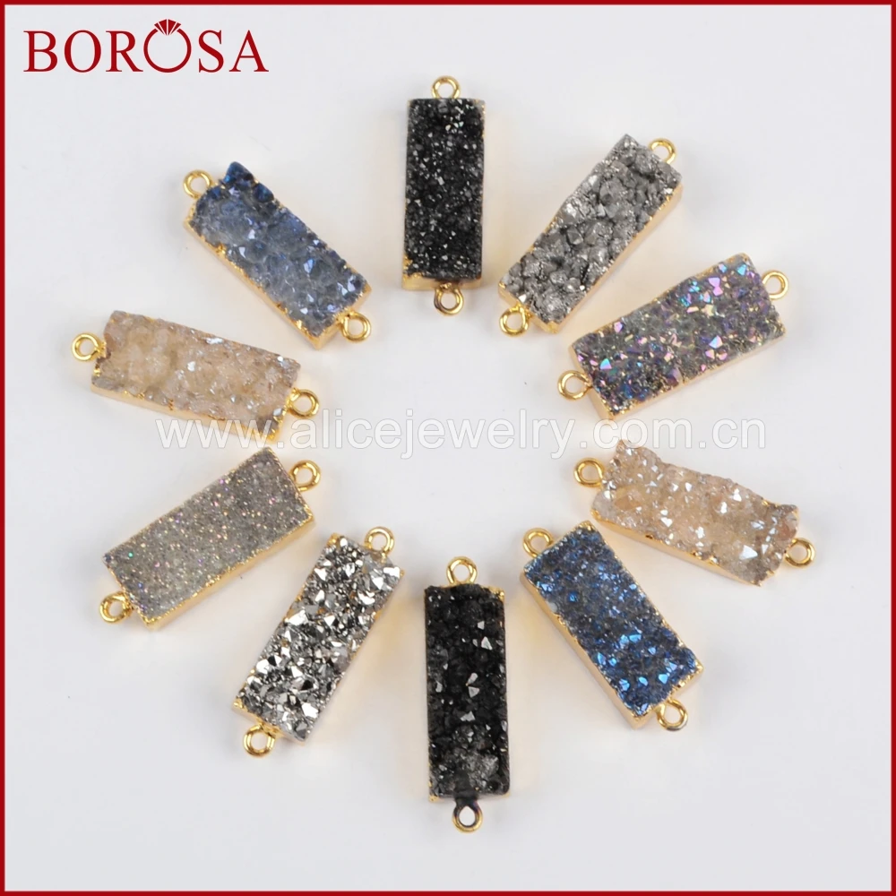 

BOROSA 5pcs Drusy Connectors, Mix Color Rectangle Gold Color Natural Crystal Druzy Titanium Connector Double Bails Charm G1215