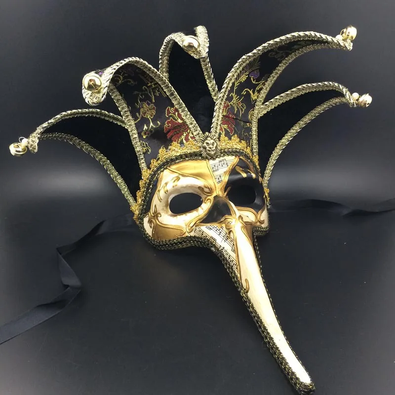 

Creative Black/Red Five Horn Long Nose Venetian Mask with Bell Handmade Full Face Halloween Mask Party Favor DEC163