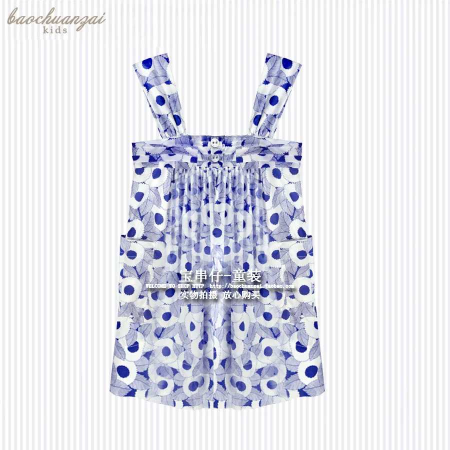 

European and American style French children's wear blue Girls dress Single layer Cotton Thin section dress