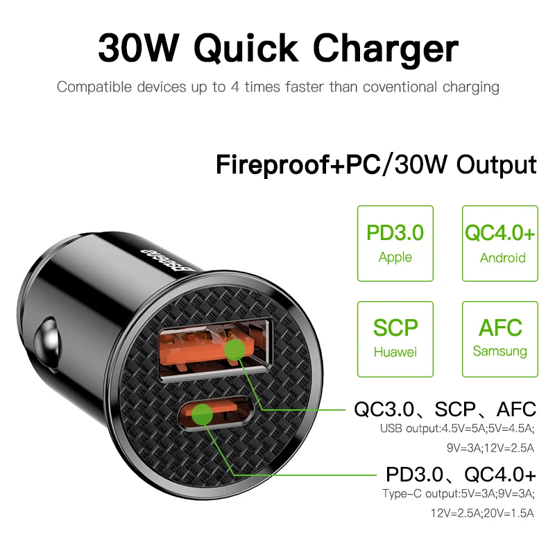 Baseus 30W Car Fast Charger Quick Charge 4.0 3.0 USB Type-C Fast Charging Car Phone Charger For Huawei Xiaomi iPhone 12