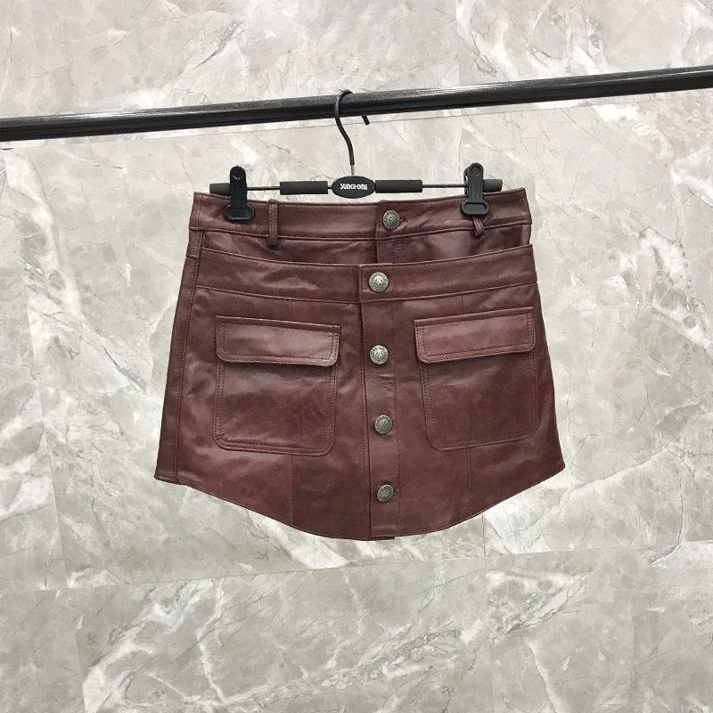2019 New Leather  Vest Shorts Suit Female Spring and Autumn Wine Red Leather  Two-piece Real Leather Vest  Jacket Women