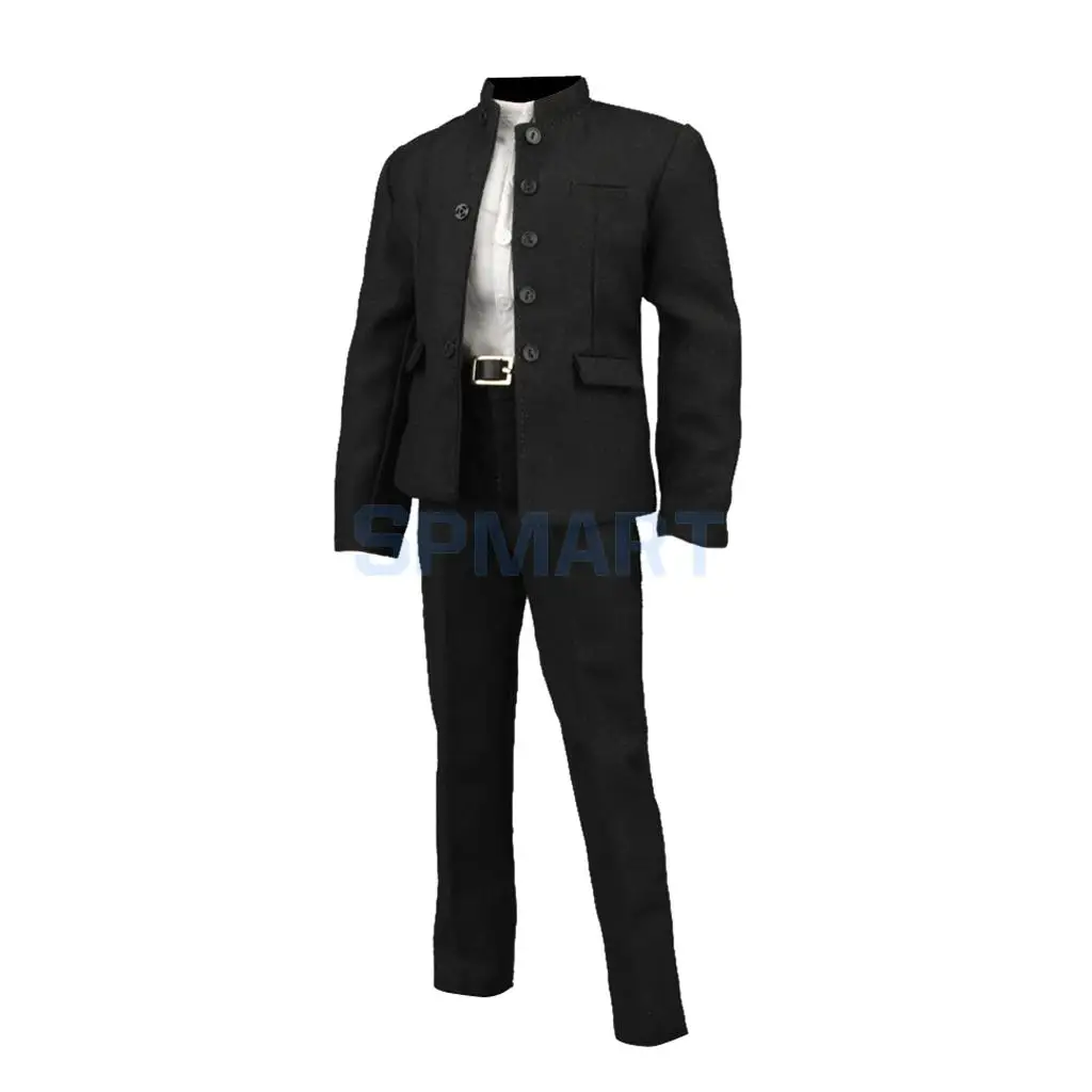 1/6 Scale Black Chinese Tunic Suit Coat Pants Shirt & Belt Set for 12