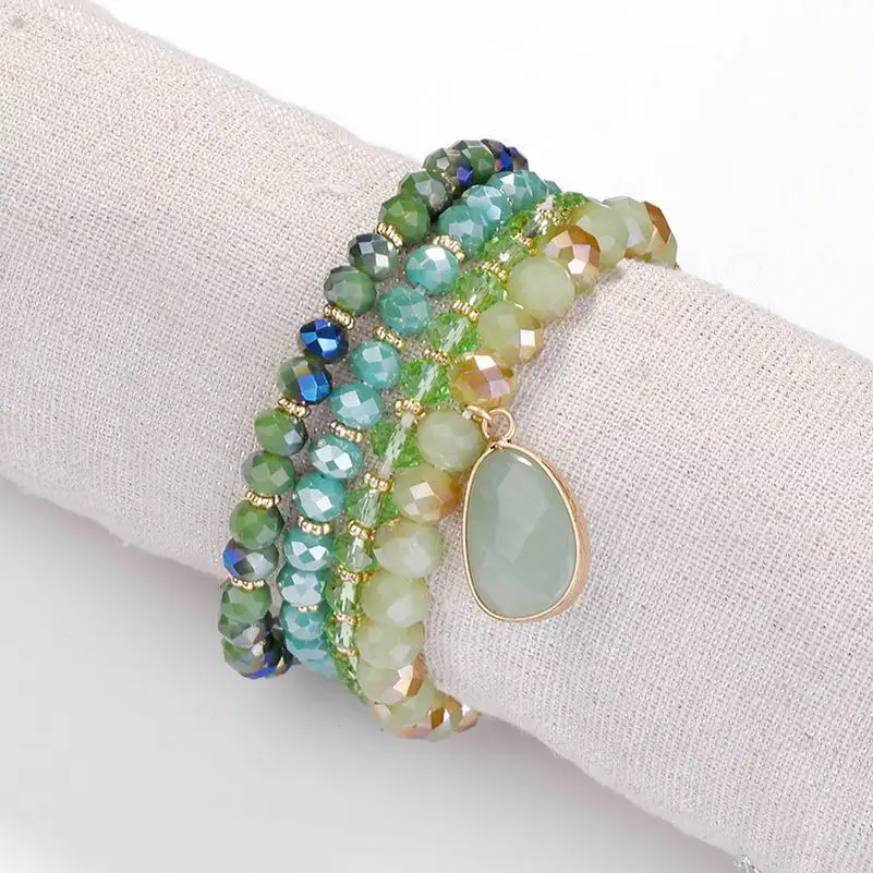 

4 PCS/Set Classic Natural Stone Teardrop Pendant Charms Bangles & Bracelet For Women Men Crystal Glass Beads Elastic Bracelets
